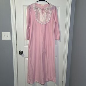 Vintage Monique Gown Women's Medium Pink Lace Ruffle 3/4 Sleeve Nightgown